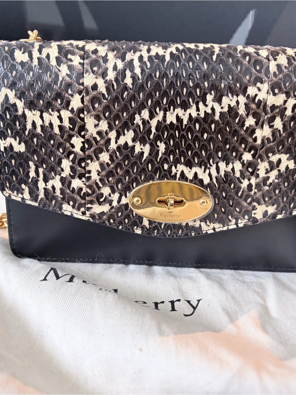 Mulberry Black and Cream Snake-Print Leather Crossbody with Gold Hardware